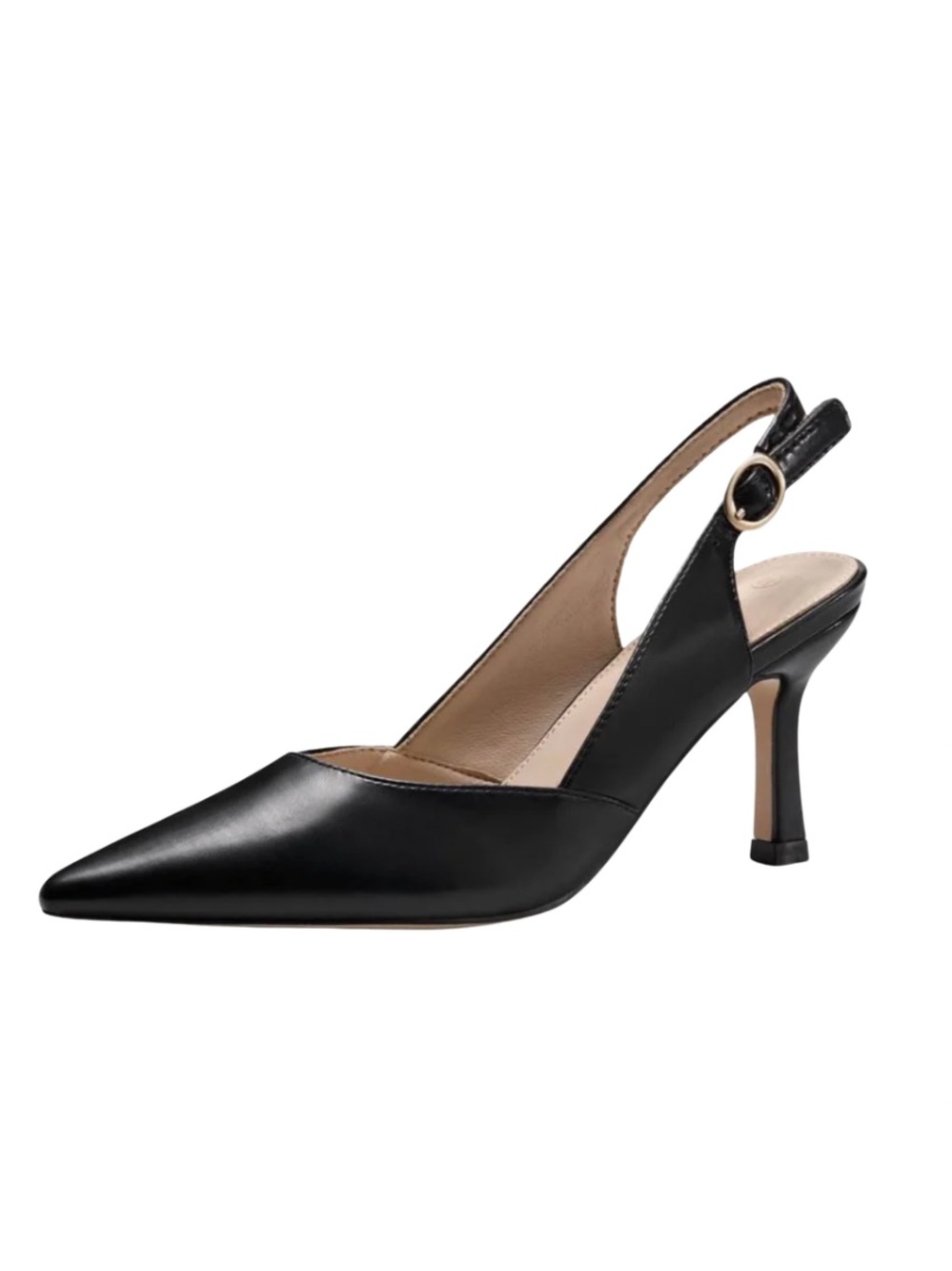 Black Leather Slingback Heel with Gold Buckle